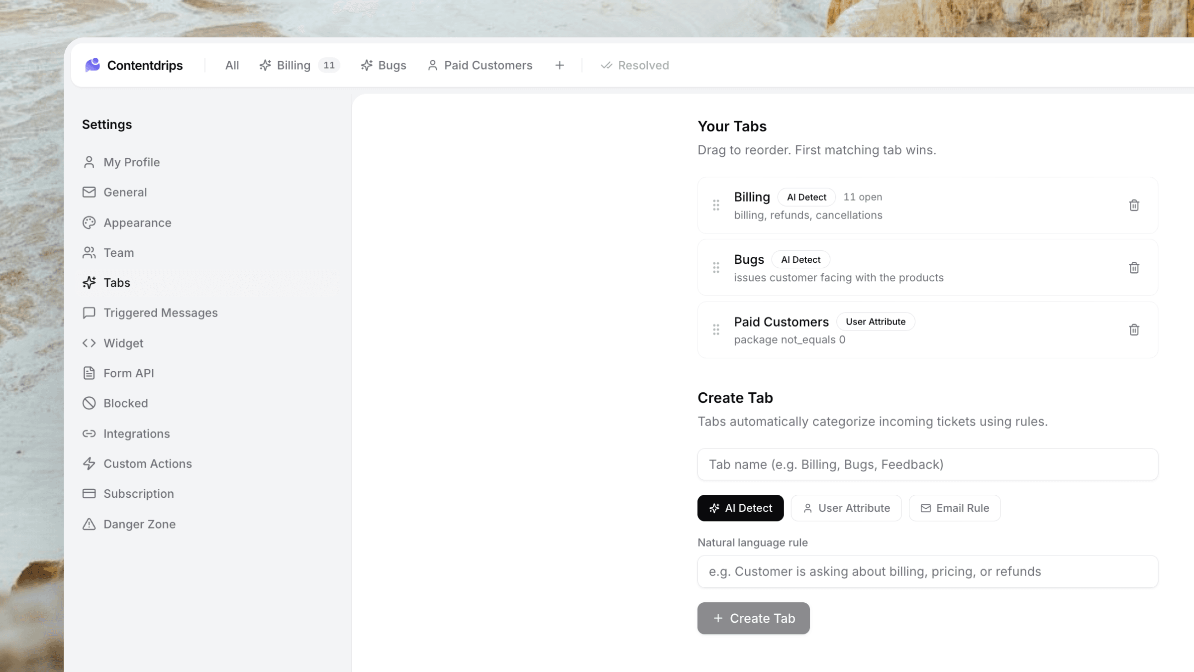 AI organising tickets into Billing, Technical, and Feedback tabs