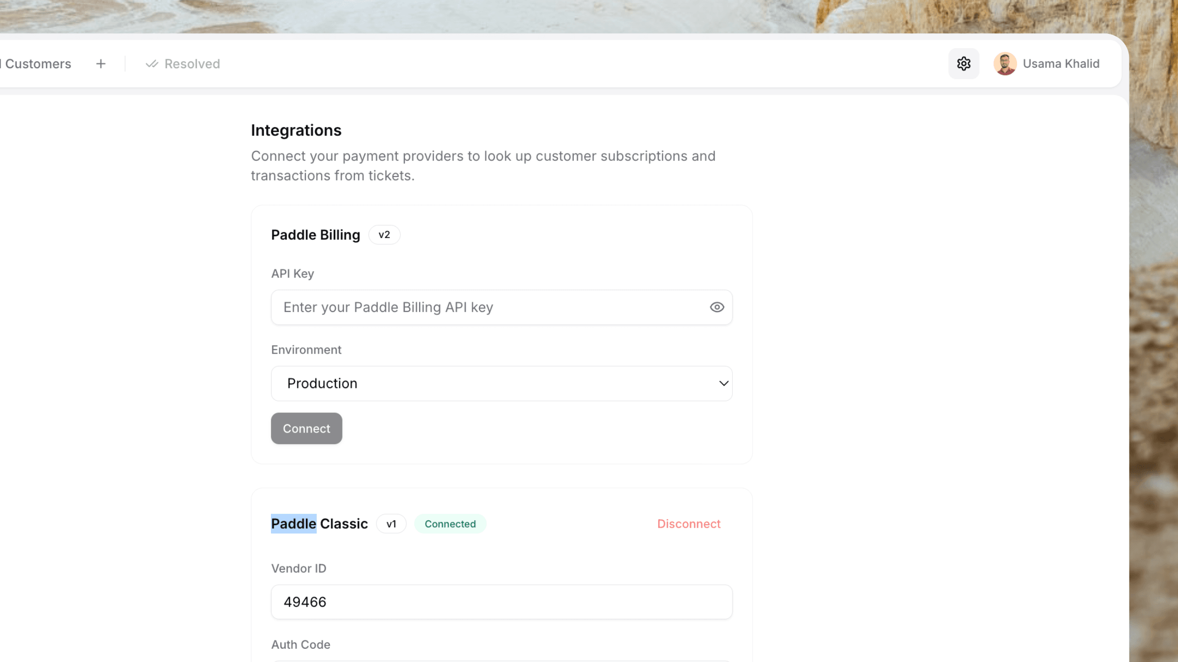 Paddle and Stripe integration settings in the dashboard
