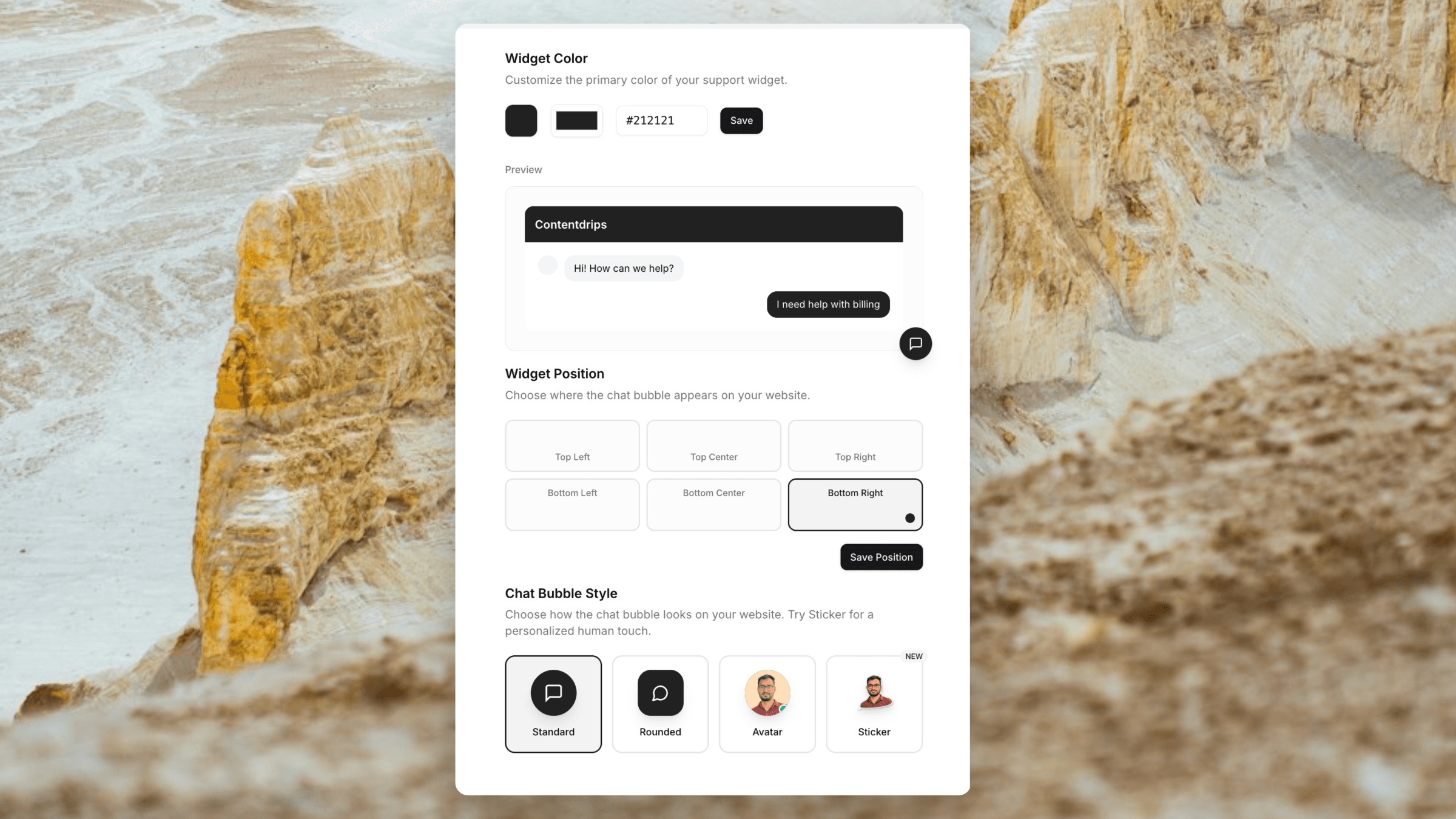 Live chat widget customization settings