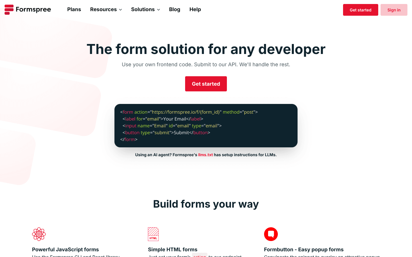 Formspree website screenshot