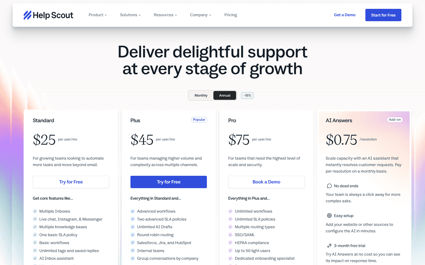 Help Scout pricing website screenshot